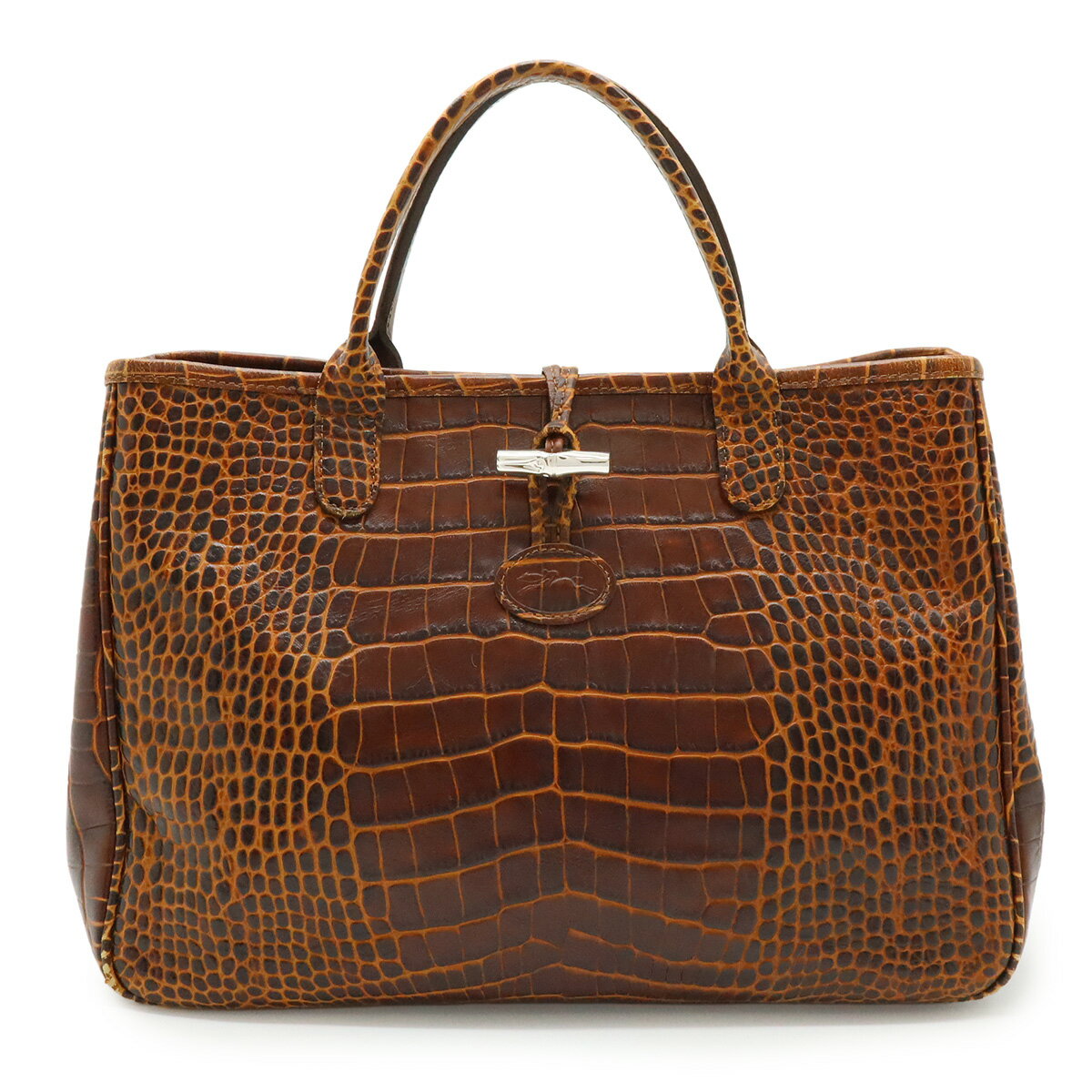 LONGCHAMP ロンシャン ロゾ トートバッグ ハンドバッグ クロコ調 クロコ型押し レザー ブラウン 茶 シルバー金具 【中古】
