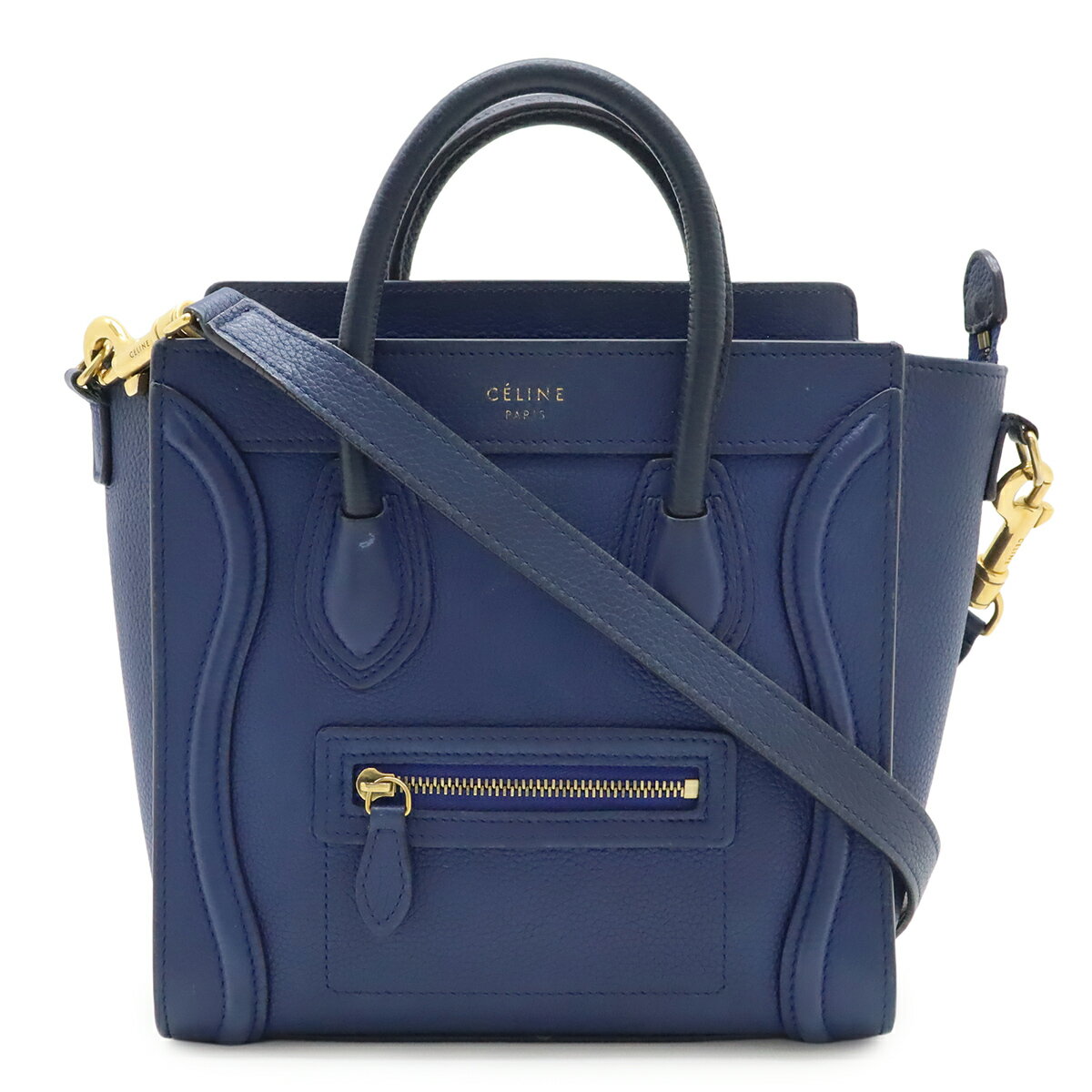 CELINE - CELINE セリーヌ ラゲージ ナノショッパー ハンドバッグ ミニバッグ 2WAY ショルダーバッグ 斜め掛け レザー ブルー 青 ゴールド金具 168243 【中古】