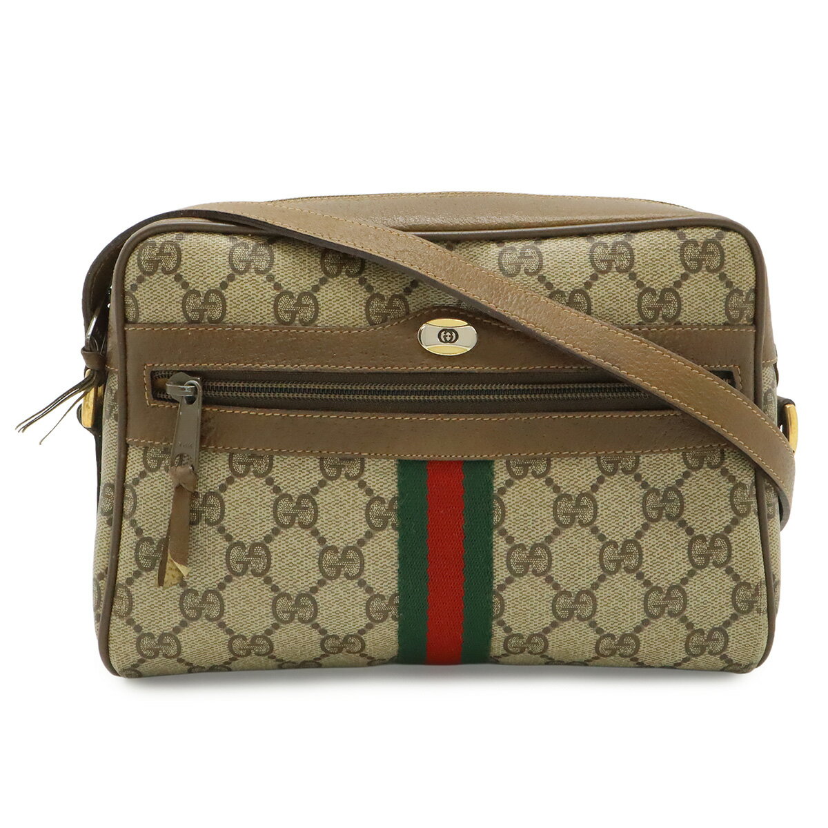 GUCCI - GUCCI グッチ オールドグッチ GGプラス シェリーライン ポシェット ショルダーバッグ 斜め掛け PVC ベージュ ブラウン 茶 ゴールド金具 68.02.004 【中古】