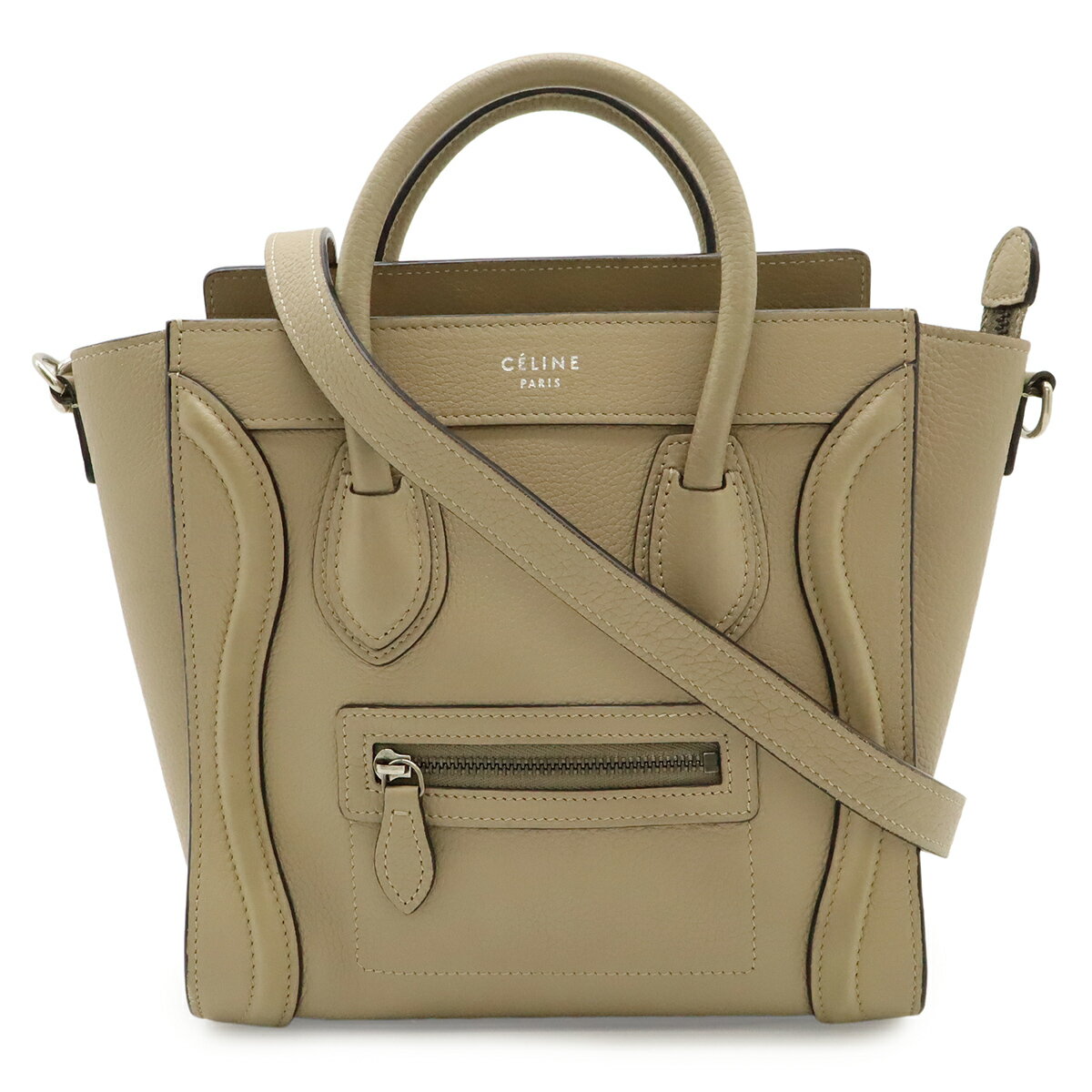 CELINE - CELINE セリーヌ ラゲージ ナノショッパー ハンドバッグ ミニバッグ 2WAY ショルダーバッグ 斜め掛け レザー ベージュ シルバー金具 168243 【中古】