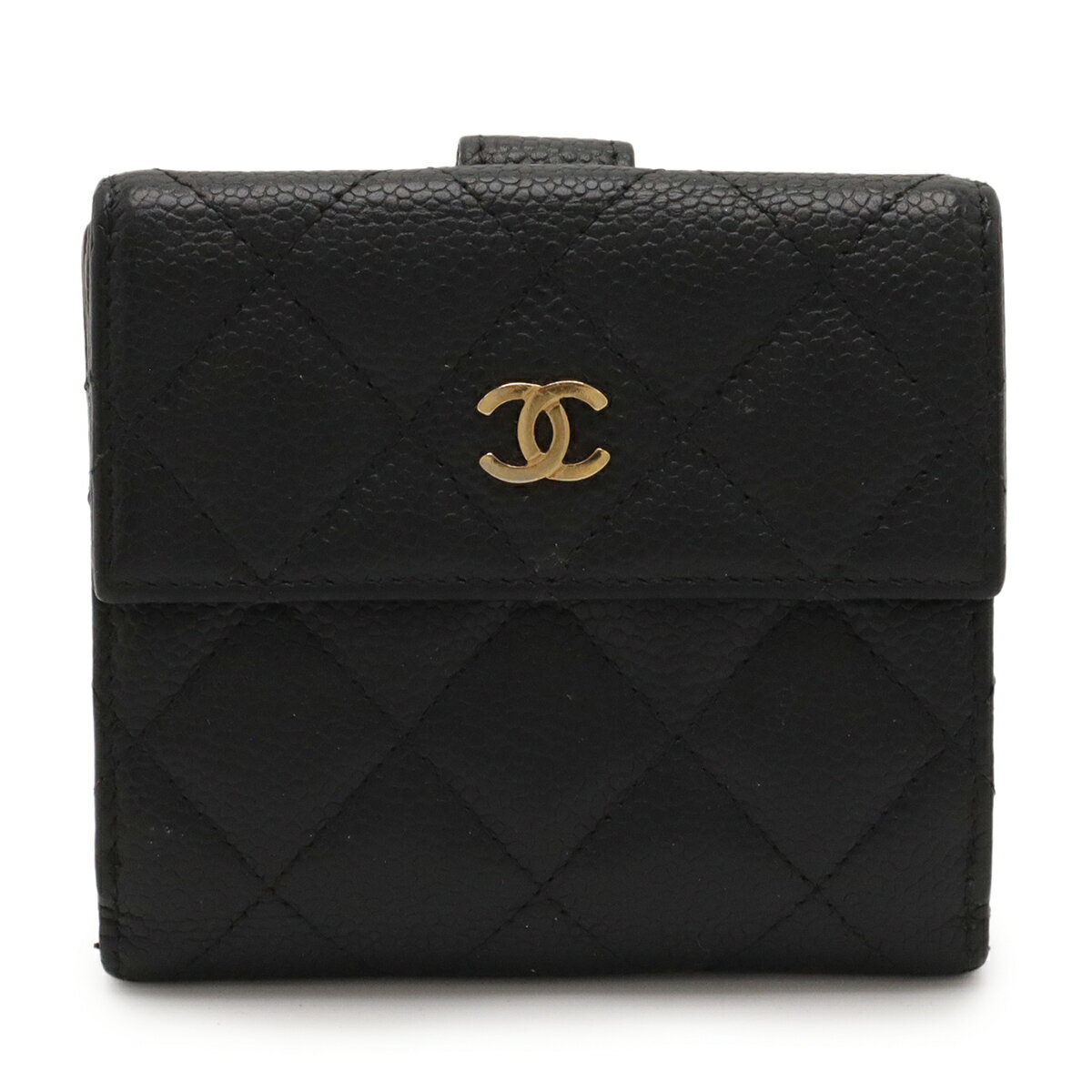 CHANEL - CHANEL シャネル マトラッセ ココマーク 2つ折財布 二つ折り Wホック財布 ダブルホック キャビアスキン レザー 黒 ブラック ゴールド金具 A48980 【中古】