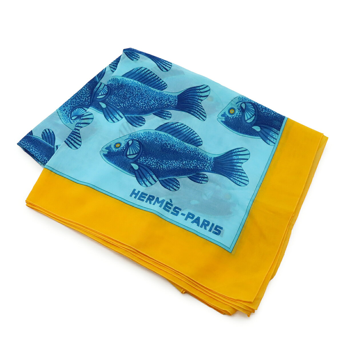 Blumin 楽天市場店のHERMES エルメス 大判ストール スカーフ ショール パレオ フィッシュモチーフ 魚柄 コットン100% ブルー 青 イエロー 黄色 【中古】｜アングル2