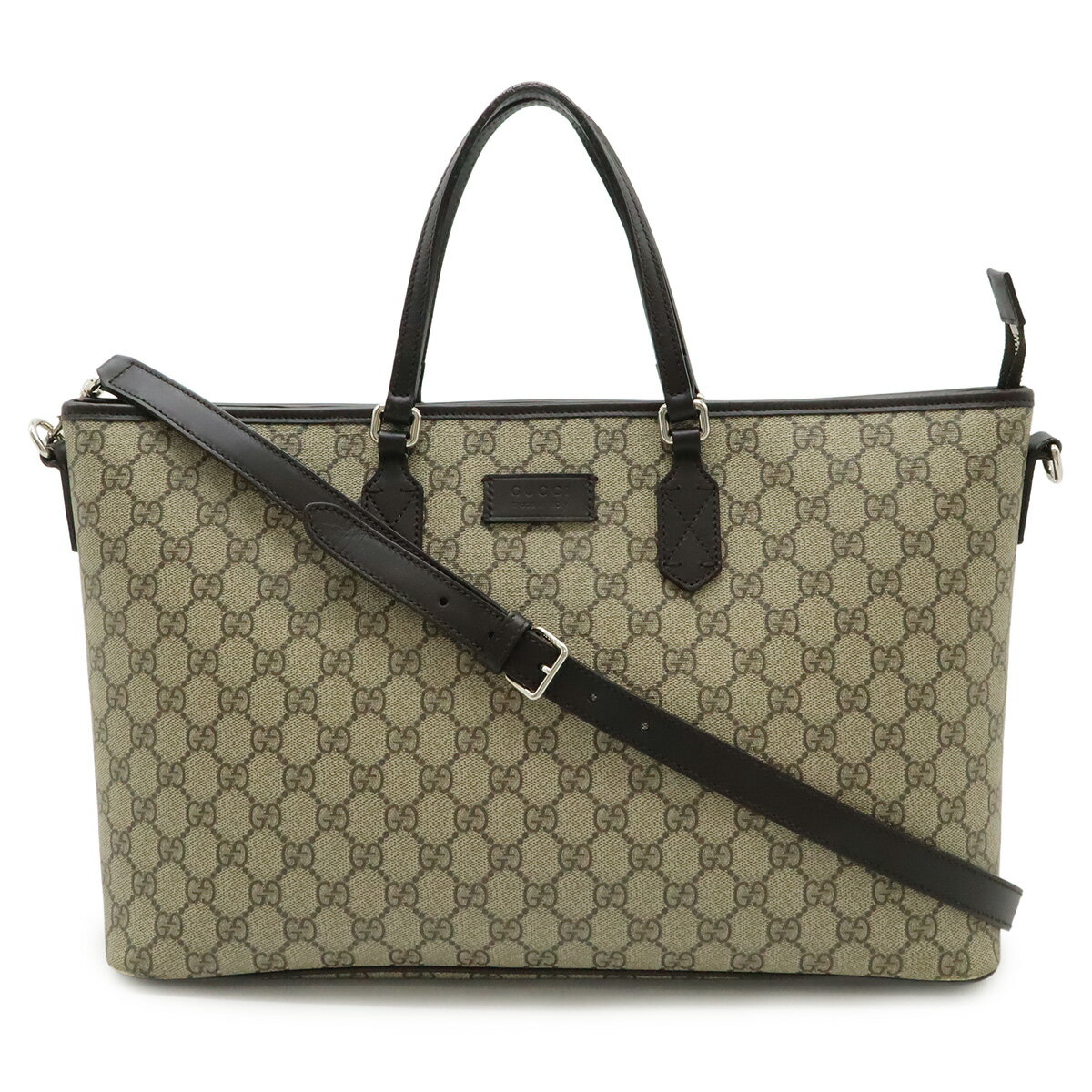 GUCCI - GUCCI グッチ GGスプリーム トートバッグ ラージトート 2WAY ショルダーバッグ 斜め掛け PVC レザー ベージュ ダークブラウン シルバー金具 410748 【中古】