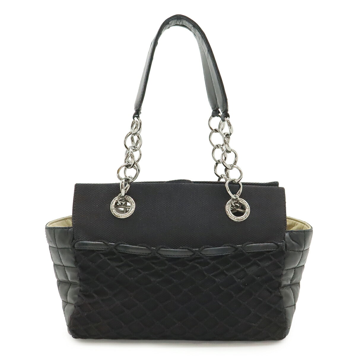 CHANEL シャネル チョコバー チェーントート トートバッグ ハンドバッグ キルティング ネット 網 キャンバス レザー ブラック 黒 【中古】