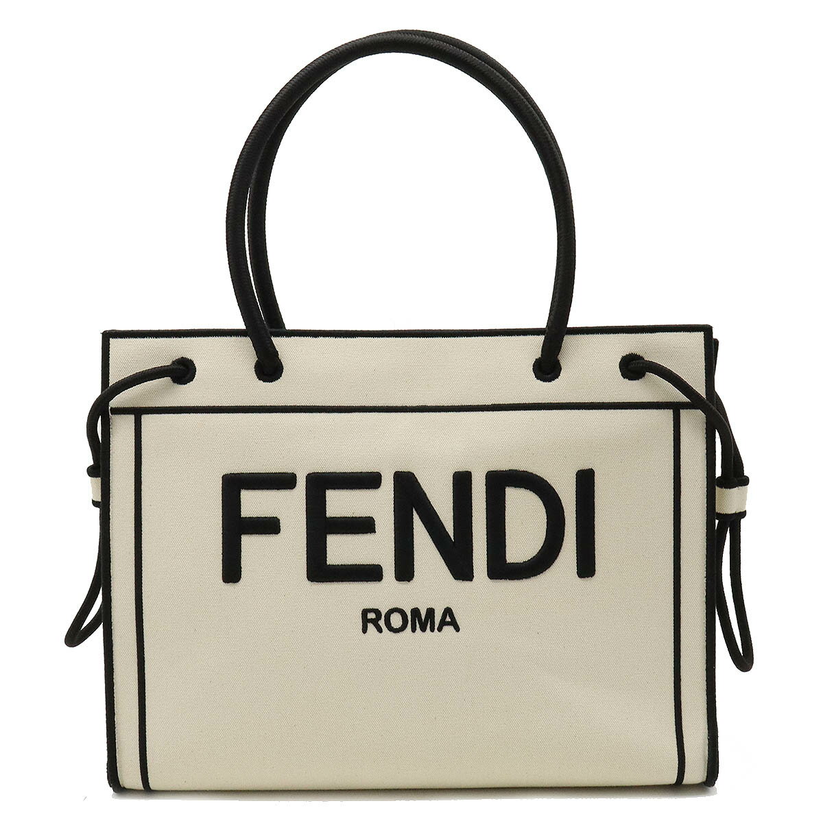 【バッグ】FENDI フェンディ ロゴ ショッパー ミディアムトート トートバッグ キャンバス レザー ナチュラル ブラック 黒 8BH378 【中古】