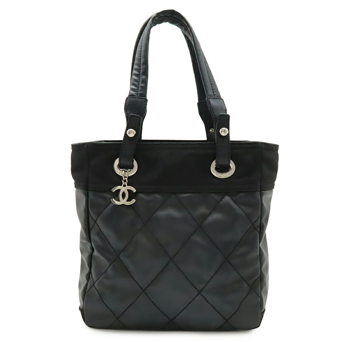 CHANEL シャネル パリビアリッツ トートPM トートバッグ ショルダーバッグ コーティングキャンバス レザー ブラック 黒 シルバー金具 A34208 【中古】