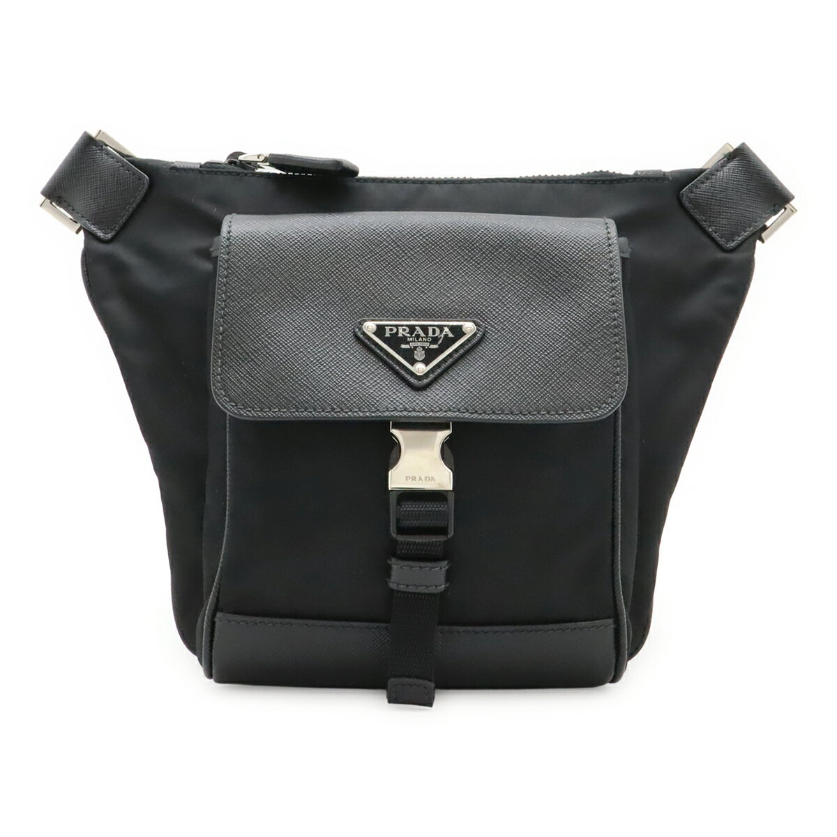PRADA - PRADA プラダ トライアングルロゴ ボディバッグ ウエストポーチ ヒップバッグ ナイロン レザー NERO 黒 ブラック シルバー金具 2VH160 【中古】