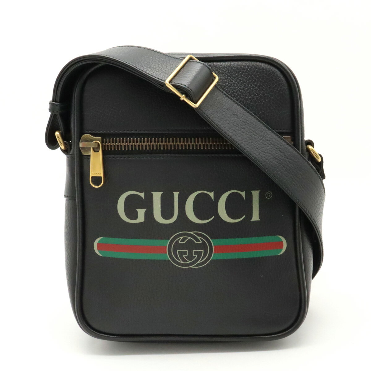 Rakuten - GUCCI グッチ グッチプリント メッセンジャーバッグ ショルダーバッグ 斜め掛け レザー ブラック 黒 ゴールド金具 523591 【中古】