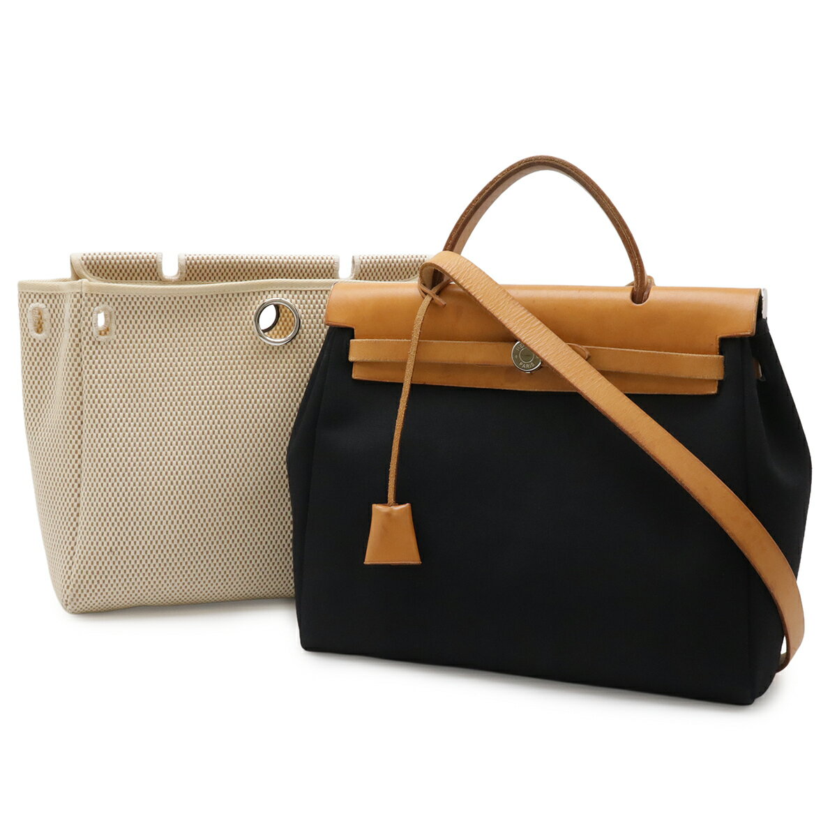 乐天商城 - HERMES エルメス エールバッグPM ハンドバッグ 2WAY ショルダーバッグ トワルオフィシエ トワルGM レザー ブラック 黒 ベージュ □G刻印 【中古】