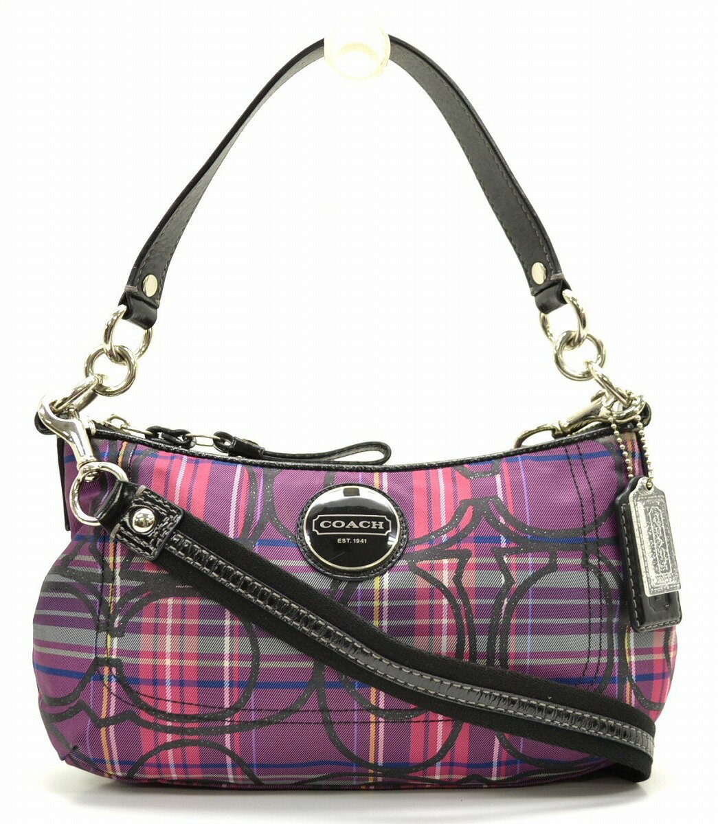 【バッグ】COACH コーチ ストライプ タータンチェック 2WAY ショルダーバッグ ハンドバッグ ピンク系 パープル系 F15463 【中古】【k】【Blumin/森田質店】【質屋出店】