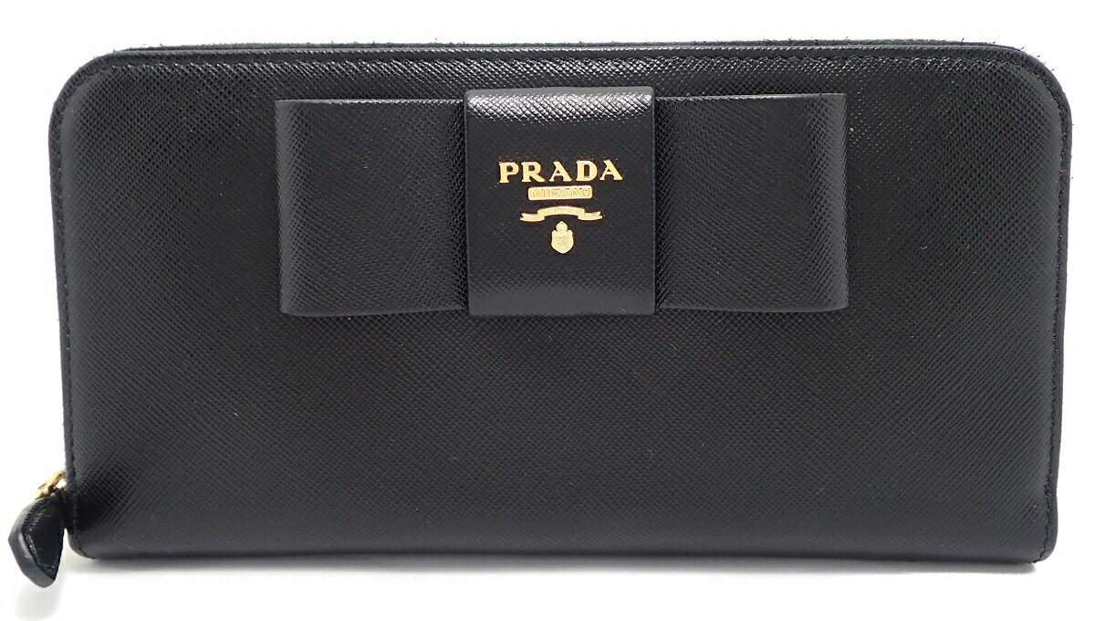 【財布】PRADA プラダ ラウンドファスナー リボン 長財布 SAFFIANO FIOCCO 型押しレザー NERO ブラック 1M0506 【中古】【k】【Blumin/森田質店】【質屋出店】