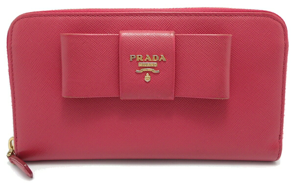 【財布】PRADA プラダ ラウンドファスナー リボン 長財布 SAFFIANO FIOCCO 型押しレザー PEONIA ピンク 1M0506 【中古】【k】