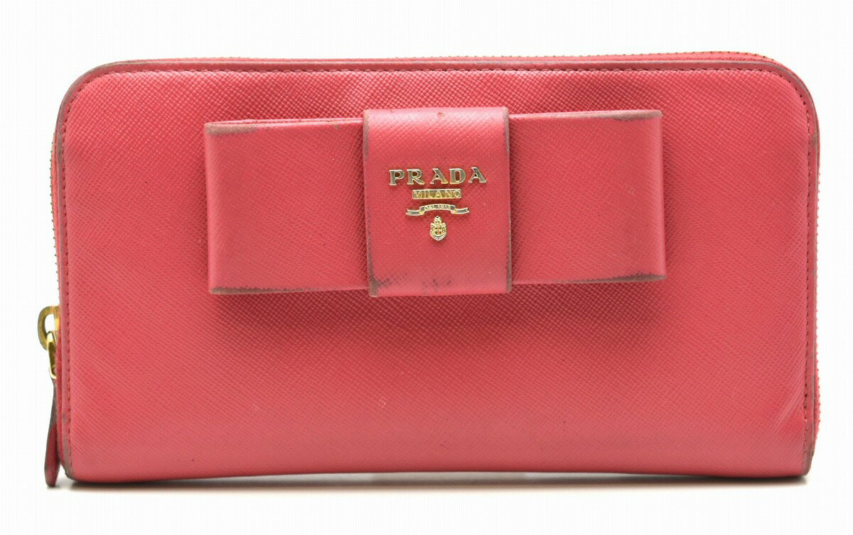 【財布】PRADA プラダ ラウンドファスナー リボン 長財布 SAFFIANO FIOCCO 型押しレザー PEONIA ピンク 1M0506 【中古】【k】【Blumin/森田質店】【質屋出店】