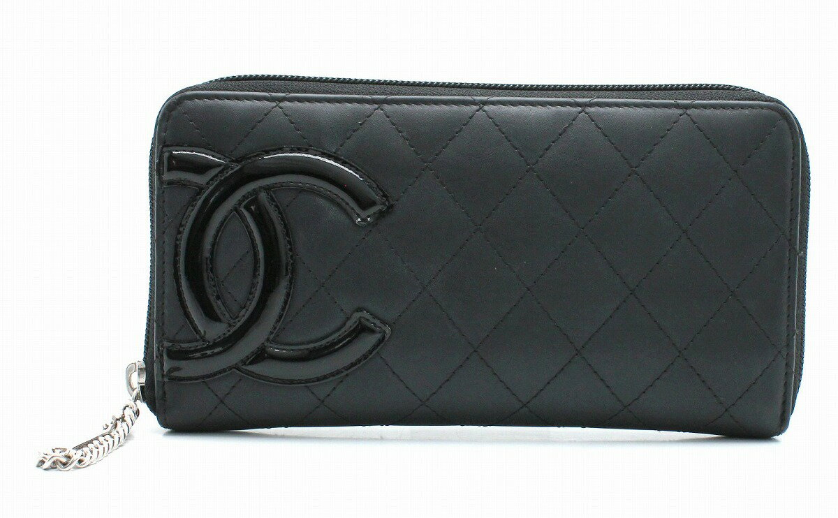 【財布】CHANEL シャネル カンボンライン ラウンドファスナー長財布 ココマーク レザー ソフトカーフ エナメル 黒 ブラック ピンク A50078 【中古】【k】