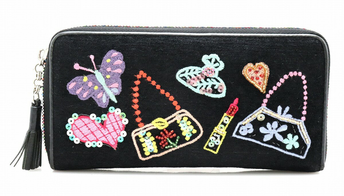 【財布】Think Bee! シンクビー! ラウンドファスナー 長財布 ブラックポンド ビーズ レザー スパンコール刺繍 ブラック 黒 マルチカラー 6381 【中古】【u】