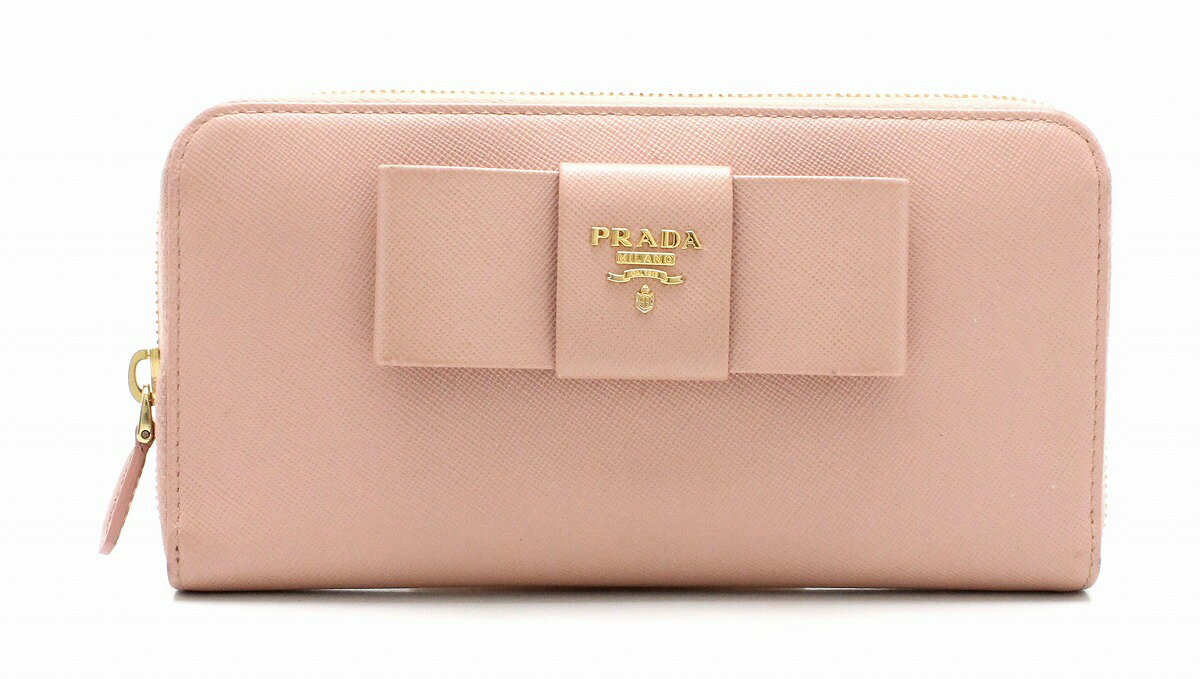 【財布】PRADA プラダ ラウンドファスナー リボン 長財布 SAFFIANO FIOCCO 型押しレザー ORCHIDEA サーモンピンク 1M0506 【中古】【k】