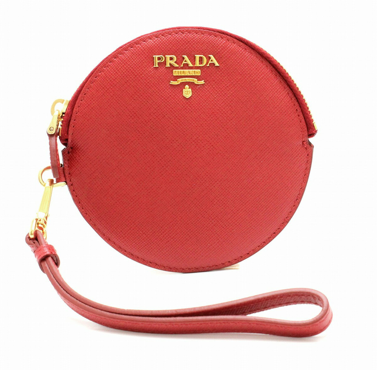 【未使用品】【財布】PRADA プラダ コインケース ラウンドファスナー 丸形 小銭入れ SAFFIANO 型押しレザー FUOCO レッド 赤 ゴールド金具 1M1443 【中古】【k】