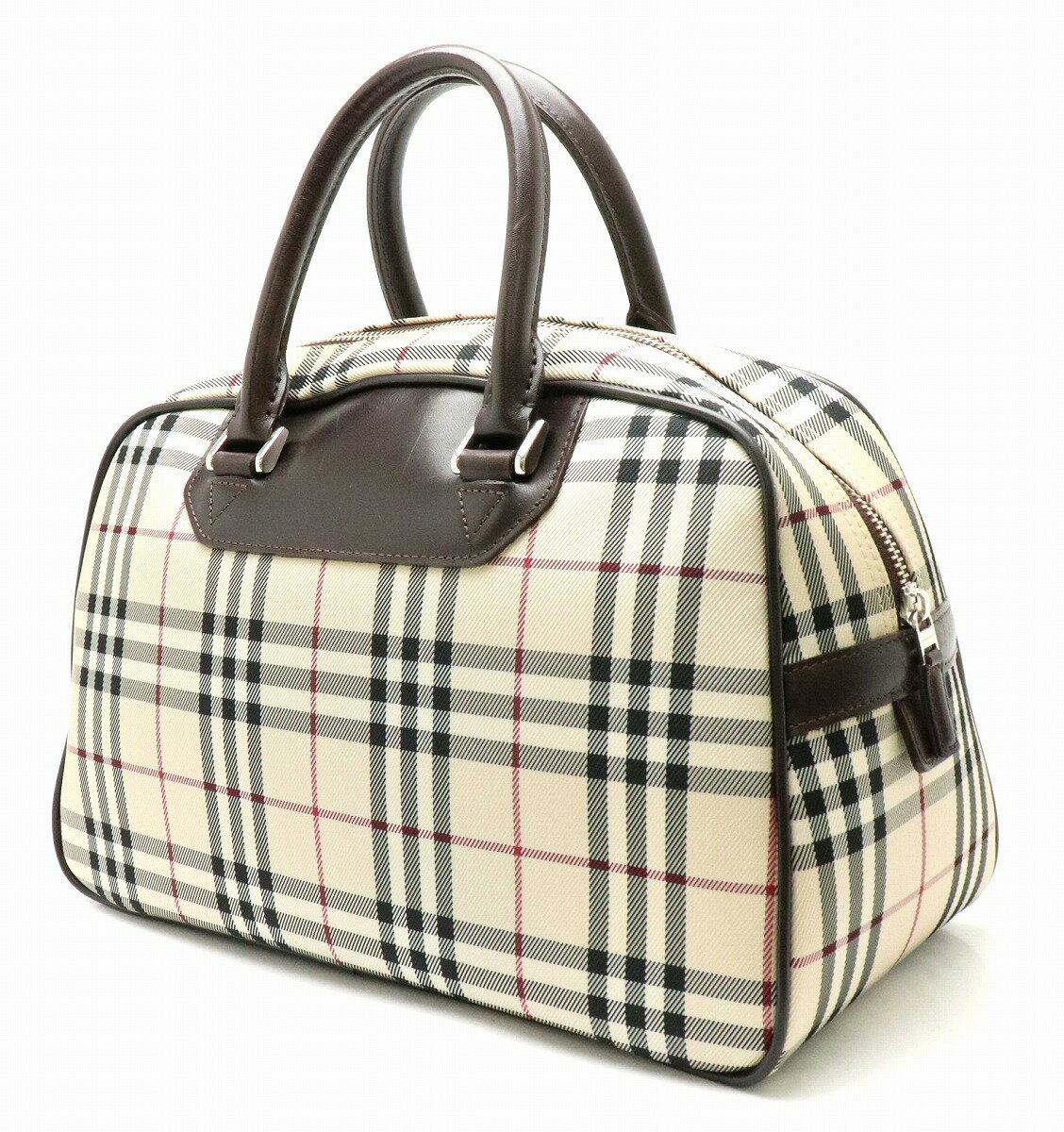 【バッグ】BURBERRY バーバリー ノバチェック チェック柄 ハンドバッグ ナイロンキャンバス レザー ベージュ 茶 ダークブラウン 【中古】【s】