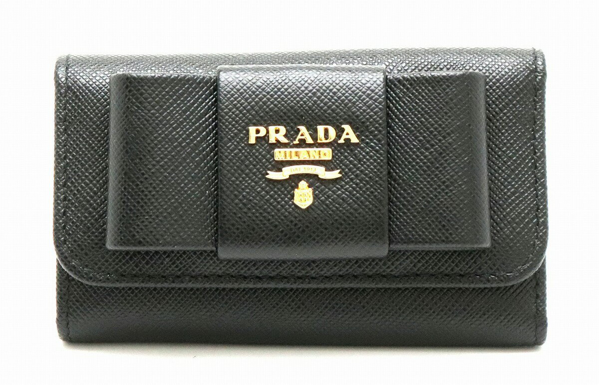 【新品未使用品】PRADA プラダ 6連キーケース リボン SAFFIANO FIOCCO 型押しレザー NERO ブラック 黒 ゴールド金具 1PG222【k】