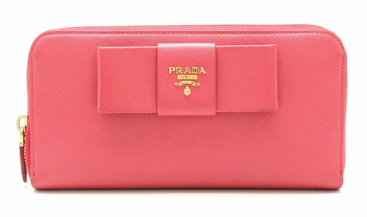 【財布】PRADA プラダ ラウンドファスナー リボン 長財布 SAFFIANO FIOCCO 型押しレザー ピンク 1ML506 【中古】【k】