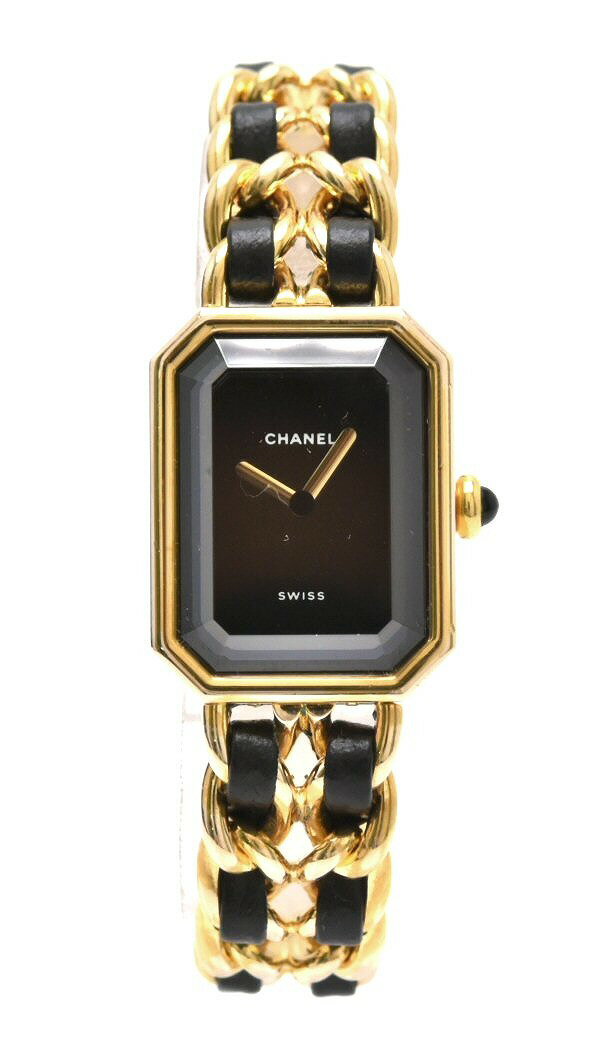 【ウォッチ】CHANEL シャネル プルミエール Mサイズ ブラック文字盤 ゴールドメッキ レディース QZ クォーツ 腕時計 H0001 【中古】【k】