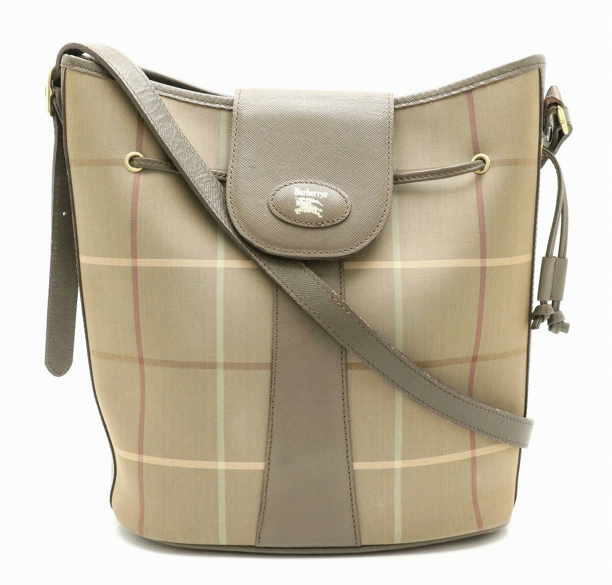 【バッグ】BURBERRY バーバリー ショルダーバッグ 巾着バッグ 2WAY ショルダーバッグ ナイロンキャンバス レザー チェック柄 ベージュ カーキ ブラウン 茶 【中古】【k】