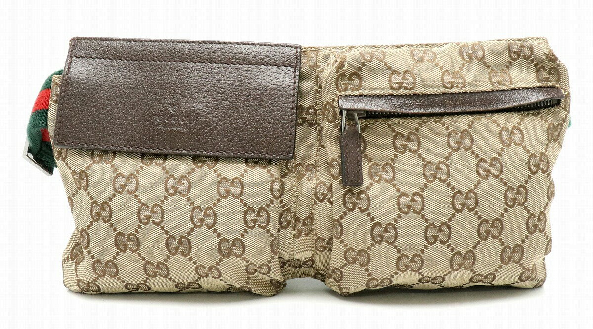 【バッグ】GUCCI グッチ GGキャンバス シェリーライン ボディバッグ ウエストバッグ ウエストポーチ レザー キャンバス カーキベージュ ダークブラウン 28566 【中古】【k】