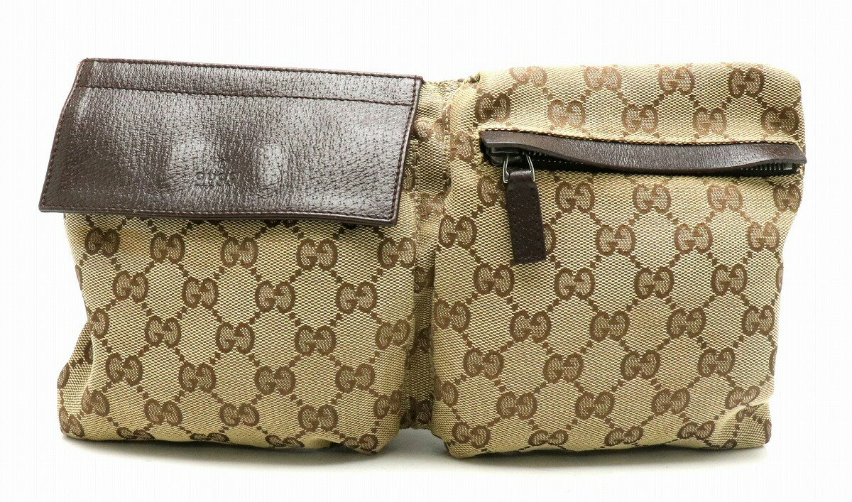 【バッグ】GUCCI グッチ GGキャンバス ボディバッグ ウエストバッグ ウエストポーチ レザー キャンバス カーキベージュ 茶 ダークブラウン 28566 【中古】【s】