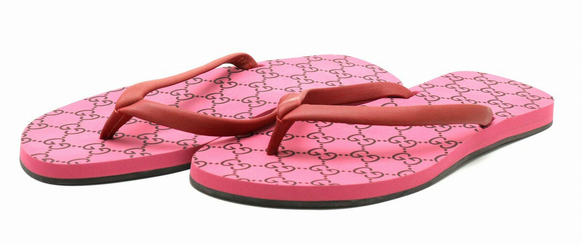 【靴】GUCCI グッチ GG柄 ビーチサンダル ラバーサンダル トングサンダル ラバー レザー レッド ピンク ブラック #38 24cm 121217 【中古】【s】