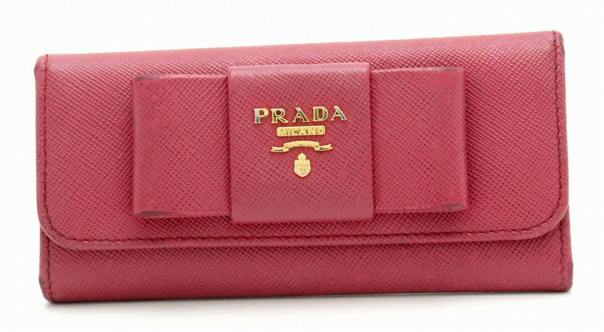 PRADA プラダ 6連キーケース リボン SAFFIANO FIOCCO 型押しレザー IBISCO ローズ ゴールド金具 海外ブティック購入品 1M0223 【中古】