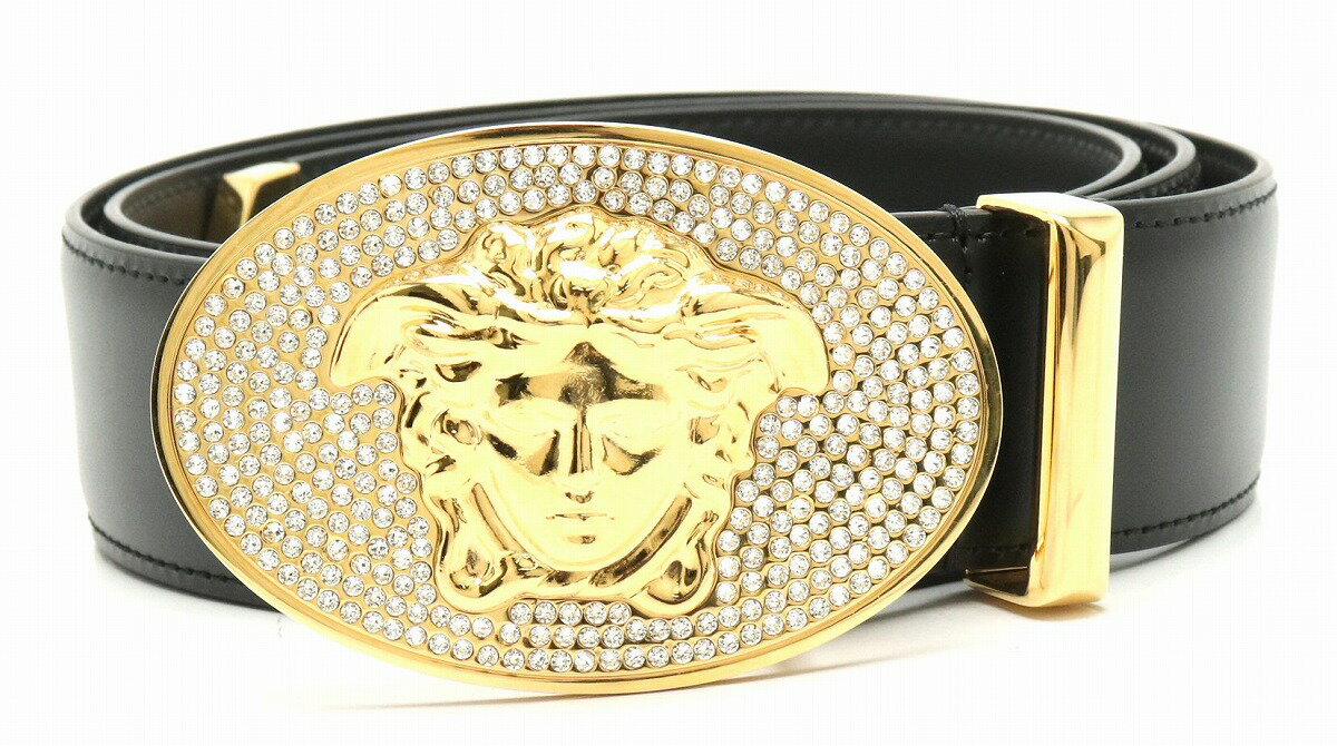 GIANNI VERSACE ジャンニ ヴェルサーチ ベルサーチ メデューサ ベルト レザー ラインストーン ゴールド ブラック 黒 #95 DCU 4950 【中古】