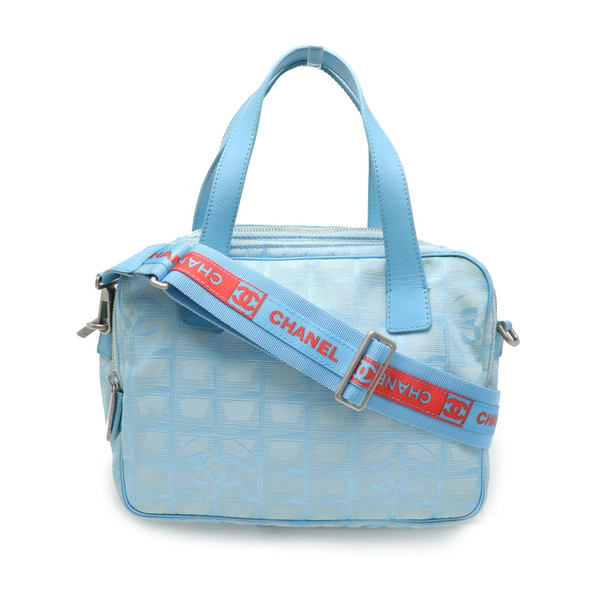 【バッグ】CHANEL シャネル ニュートラベルライン ハンドバッグ ショルダーバッグ 斜め掛け 2WAY ナイロンジャガード ライトブルー 水色 レッド 赤 【中古】