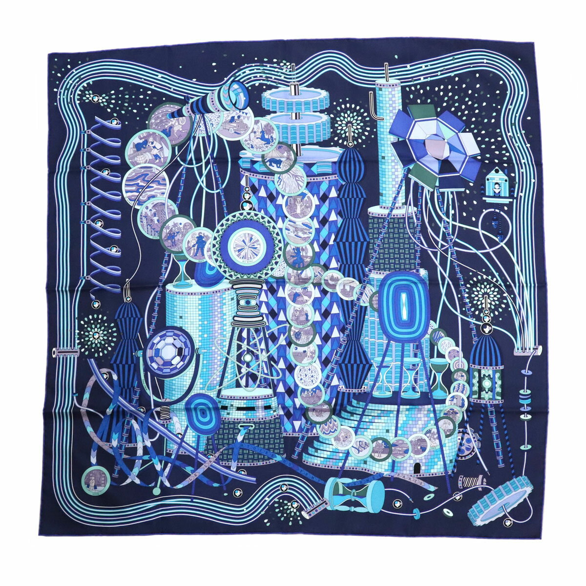 【新品未使用品】【アパレル】HERMES エルメス カレ90 スカーフ 大判スカーフ Le Laboratoire Du Temps『時の実験室』シルク100% ブルーネイビー系マルチカラーのサムネイル