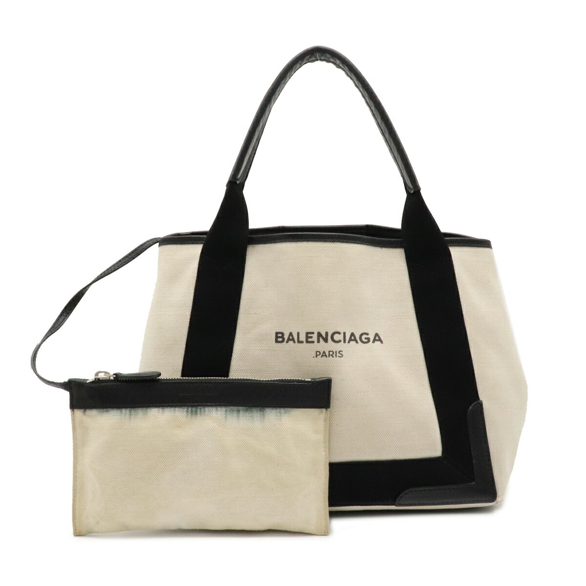 【バッグ】BALENCIAGA バレンシアガ ネイビーカバ S ロゴ トートバッグ ハンドバッグ キャンバス レザー ナチュラル 黒 ブラック ポーチ付 339933 【中古】のサムネイル