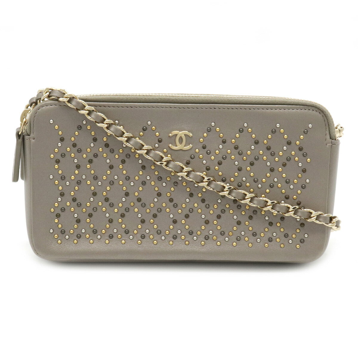 【財布】CHANEL シャネル Wジップチェーンウォレット チェーンショルダー クラッチ スタッズ レザー メタリックグレー ゴールド金具 A82527 【中古】