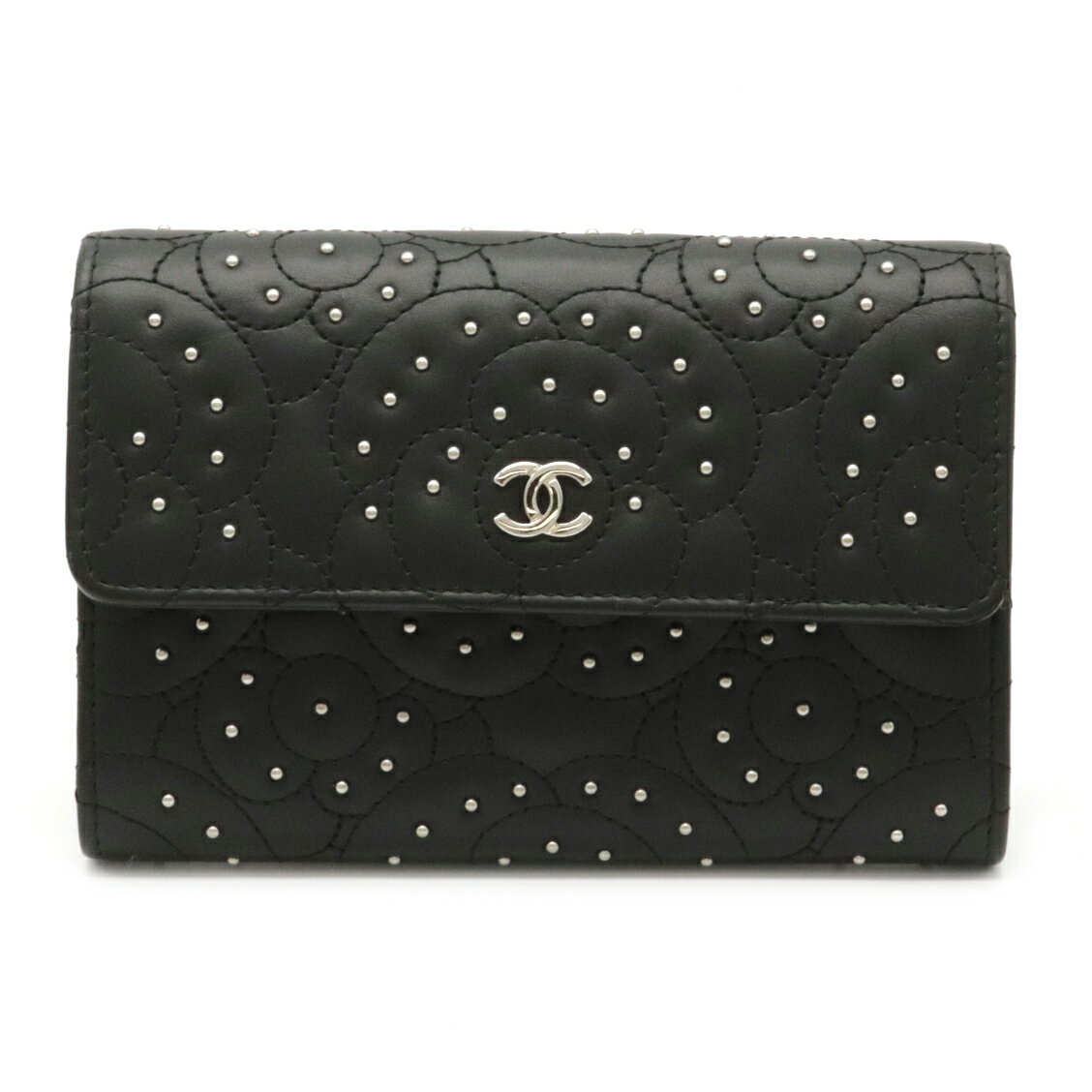 【財布】CHANEL シャネル カメリア ココマーク 2つ折財布 二つ折り財布 スタッズ カーフスキン レザー 黒 ブラック A84438 【中古】