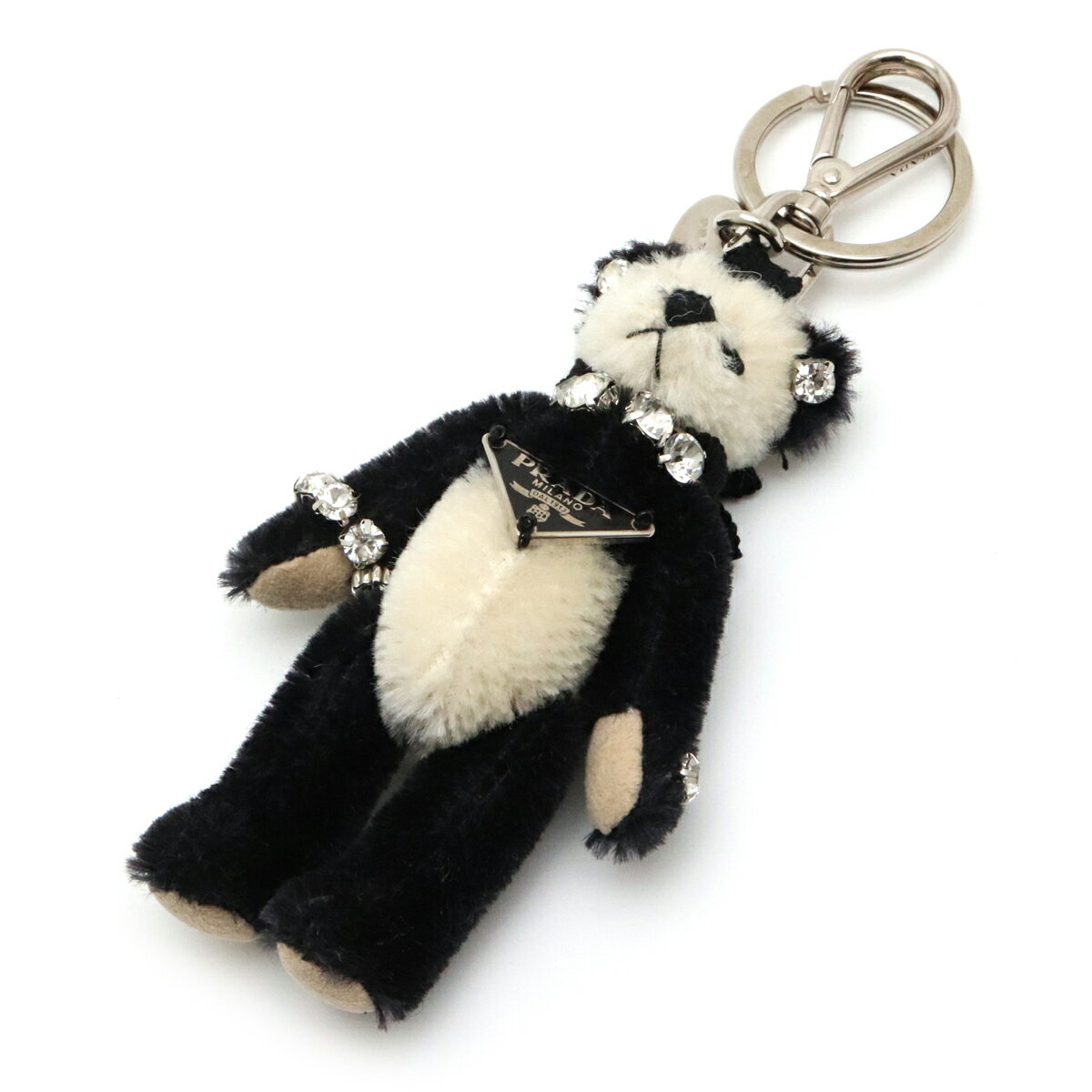 PRADA プラダ パンダ キーホルダー キーリング バッグチャーム モヘア ラインストーン ブラック 黒 アイボリー 白 シルバー金具 1ARA22 【中古】のサムネイル