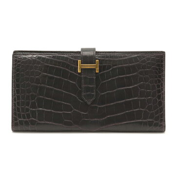【財布】HERMES エルメス ベアンスフレ 長財布 アリゲーター マット クロコダイル ワニ革 レザー ダークパープル 紫 ゴールド金具 T刻印 【中古】