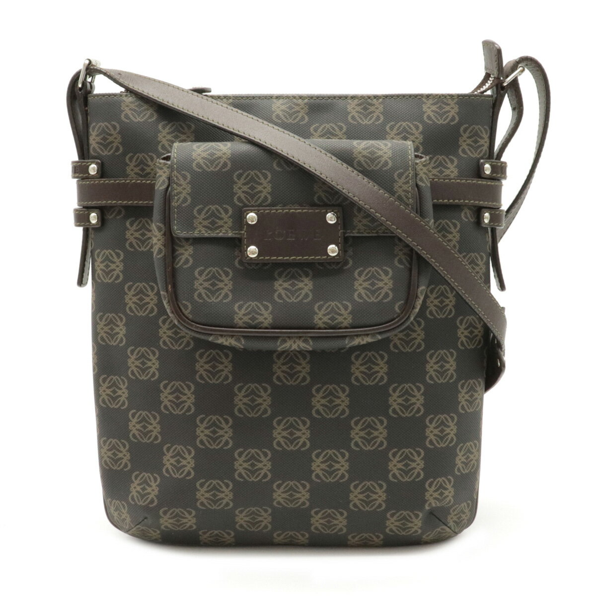 【バッグ】LOEWE ロエベ アナグラム ショルダーバッグ 斜め掛け PVC レザー ダークブラウン 茶 シルバー金具 【中古】