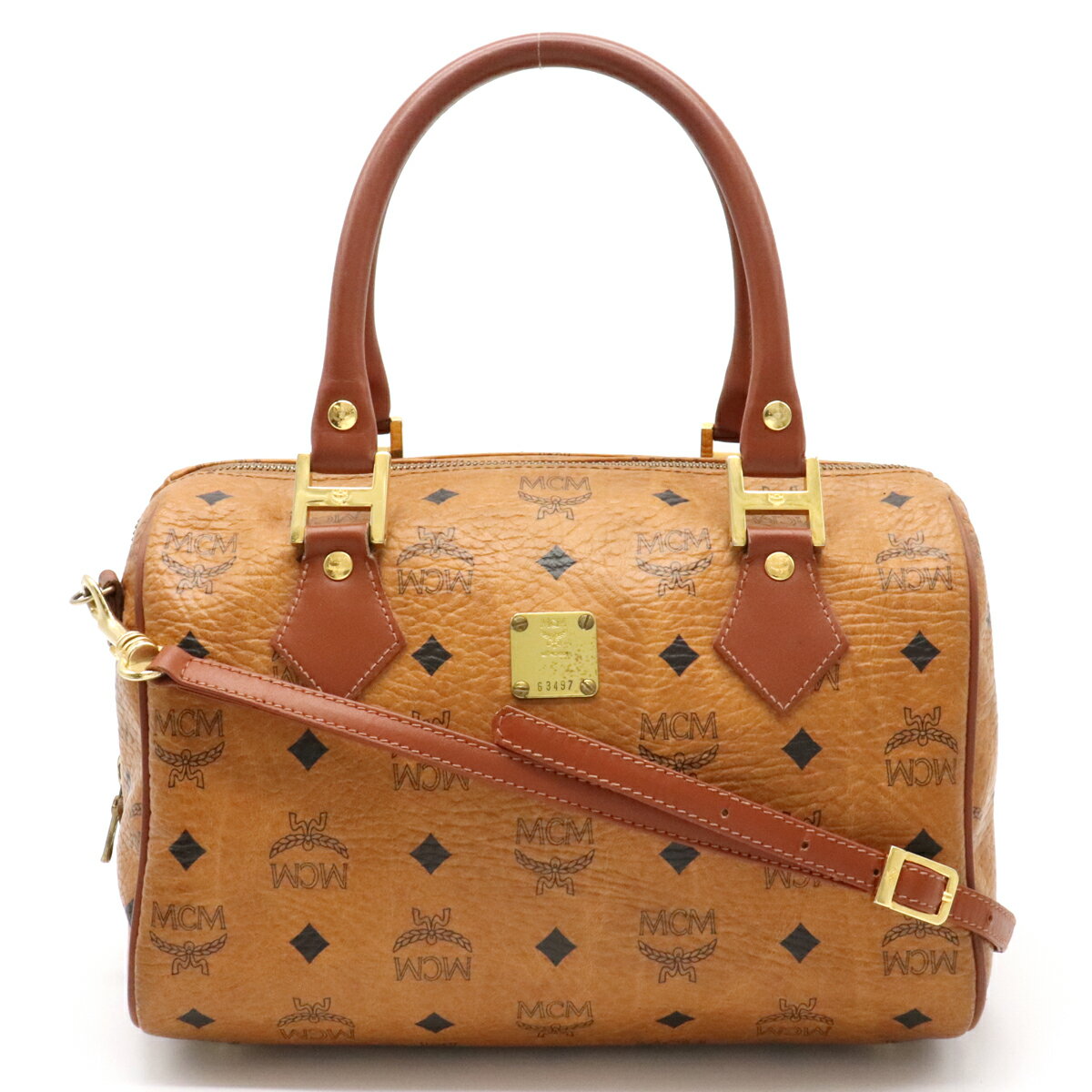 【バッグ】MCM エムシーエム ロゴグラム ミニボストンバッグ ハンドバッグ 2WAY ショルダーバッグ PVC レザー コニャック 茶 ブラウン キャメル 【中古】