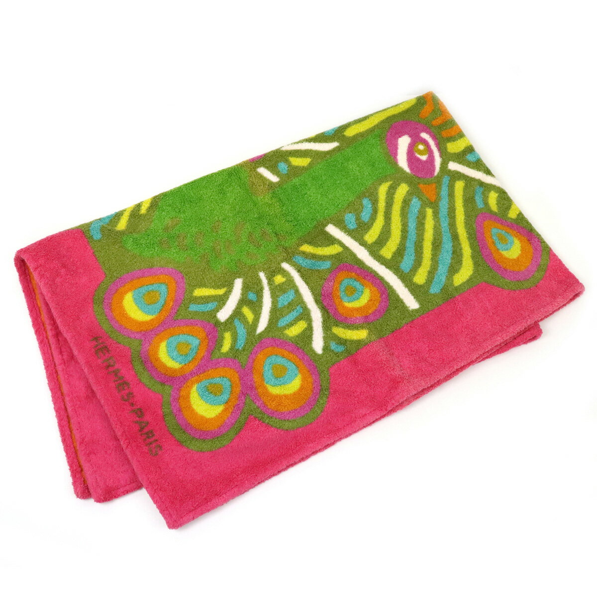 HERMES エルメス バスタオル ビーチタオル バスマット クジャク 孔雀 アニマルプリント コットン100% オレンジ ピンク グリーン マルチカラー 【中古】のサムネイル