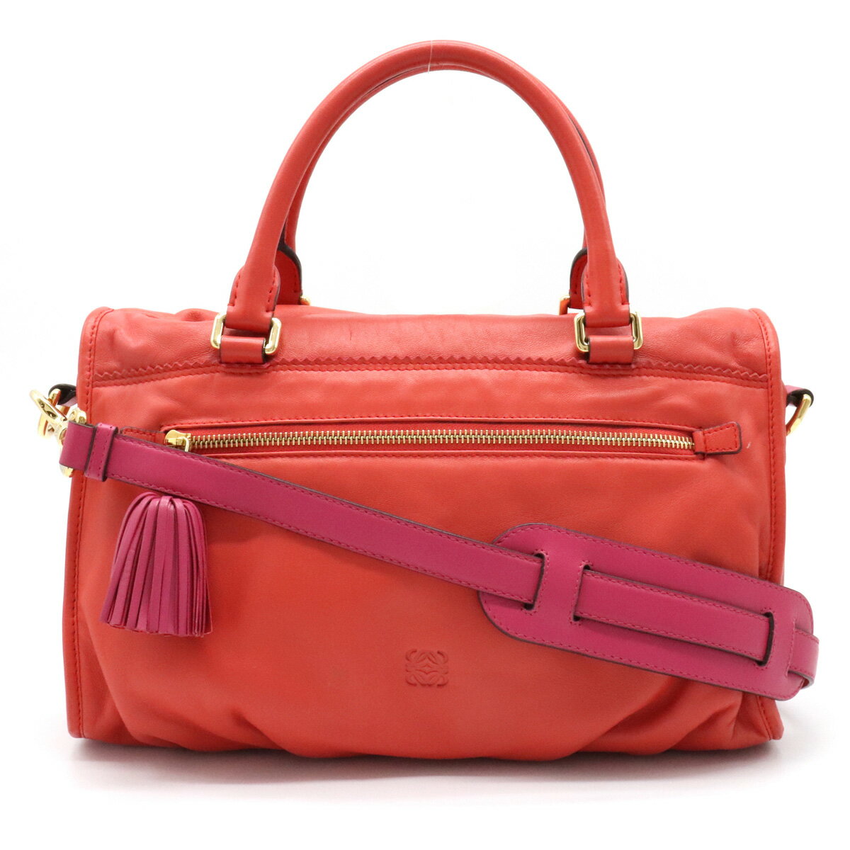 【バッグ】LOEWE ロエベ SEVILLA セビリア アナグラム タッセル ハンドバッグ ミニボストン 2WAY ショルダーバッグ ナッパレザー レッドオレンジ系 ピンク 【中古】