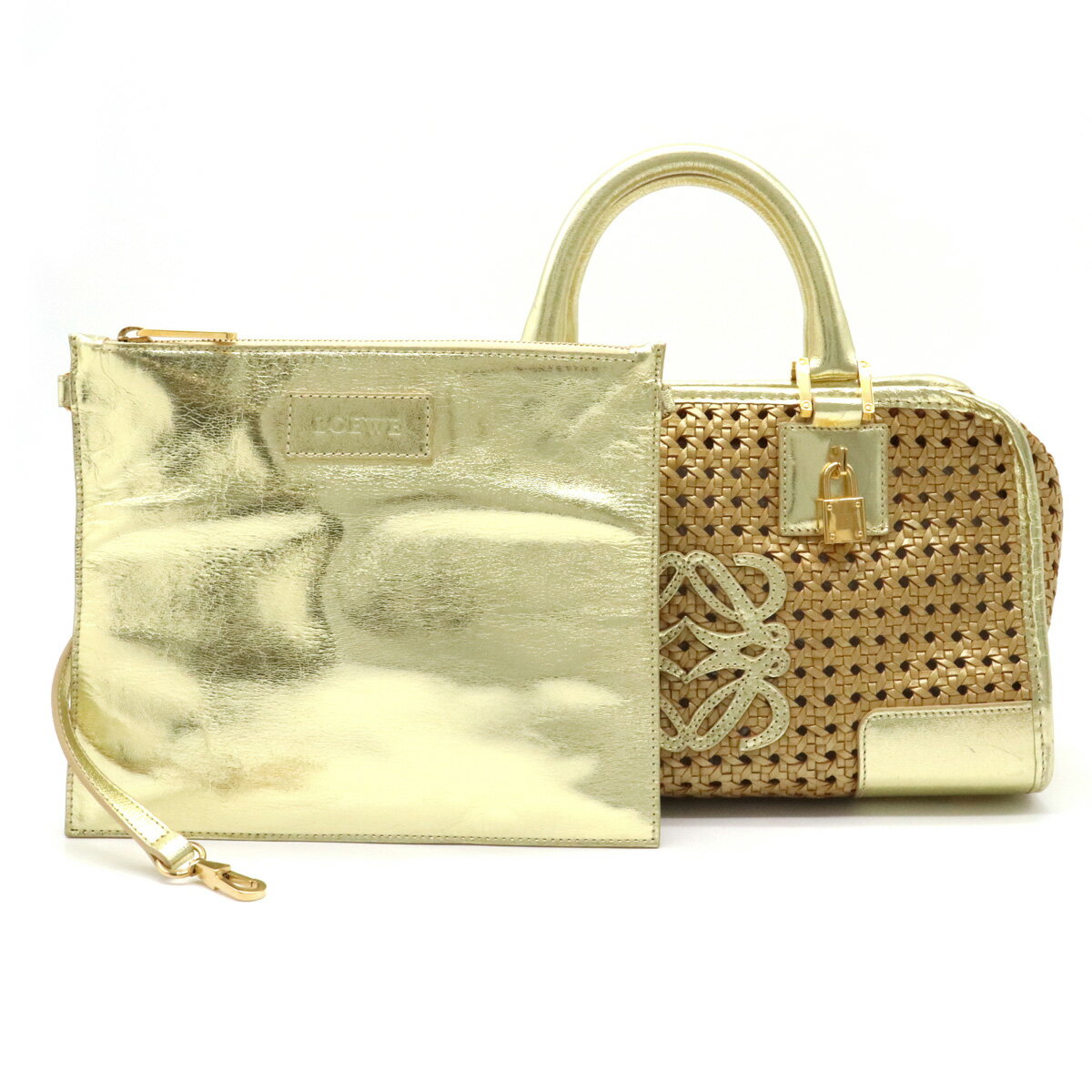 【バッグ】LOEWE ロエベ アマソナ アナグラム ハンドバッグ ミニボストン メッシュ 編み込み レザー ゴールド 311.43.001 【中古】のサムネイル