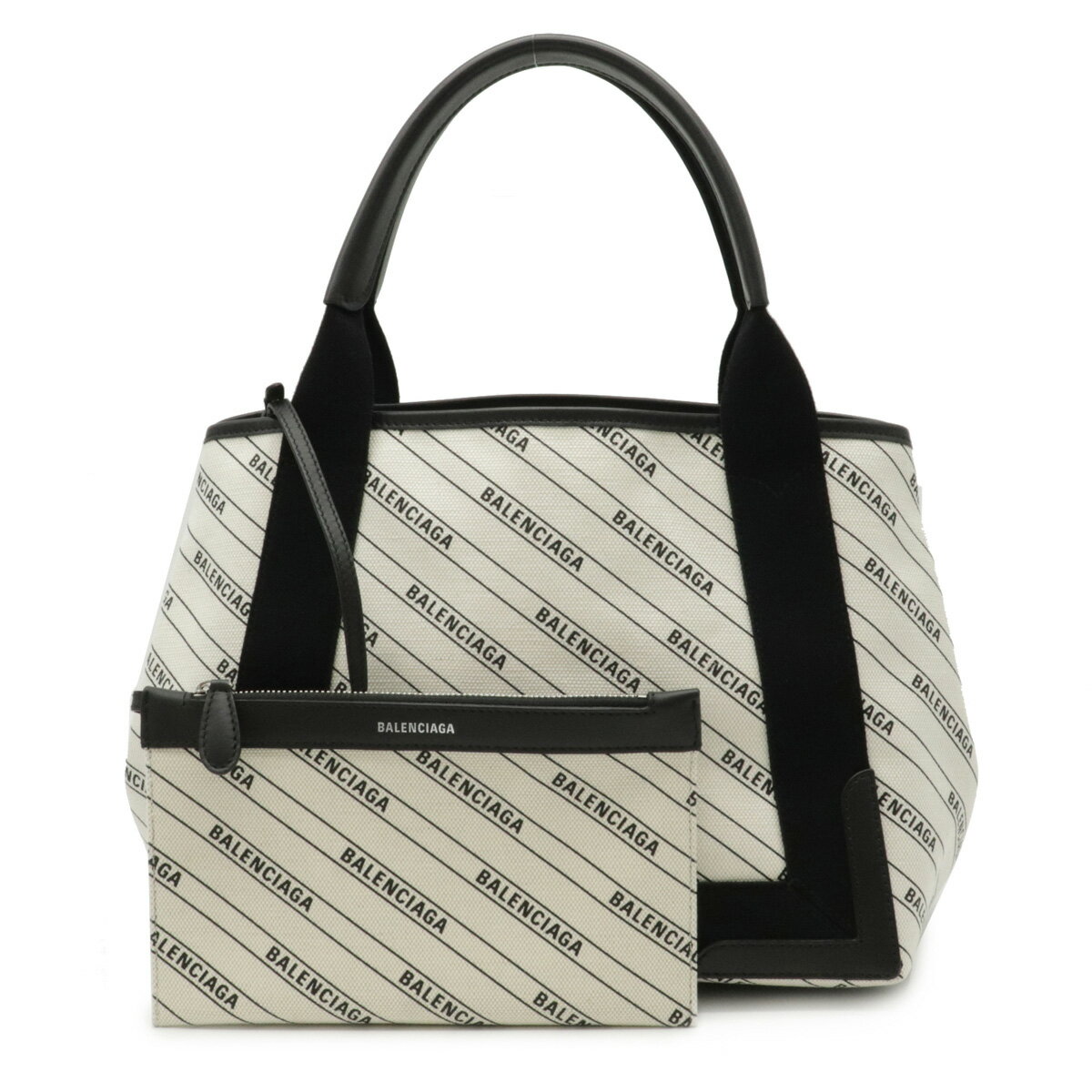 【バッグ】BALENCIAGA バレンシアガ ネイビーカバS ロゴ ストライプ トートバッグ ハンドバッグ キャンバス ナチュラル ブラック ポーチ付き 339933 【中古】のサムネイル