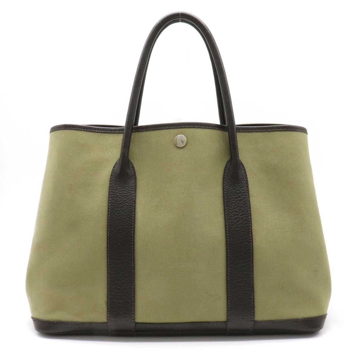 【バッグ】HERMES エルメス ガーデンパーティPM トートバッグ ハンドバッグ トワルオフィシエ レザー カーキ モスグリーン 緑 ダークブラウン 茶 【中古】のサムネイル