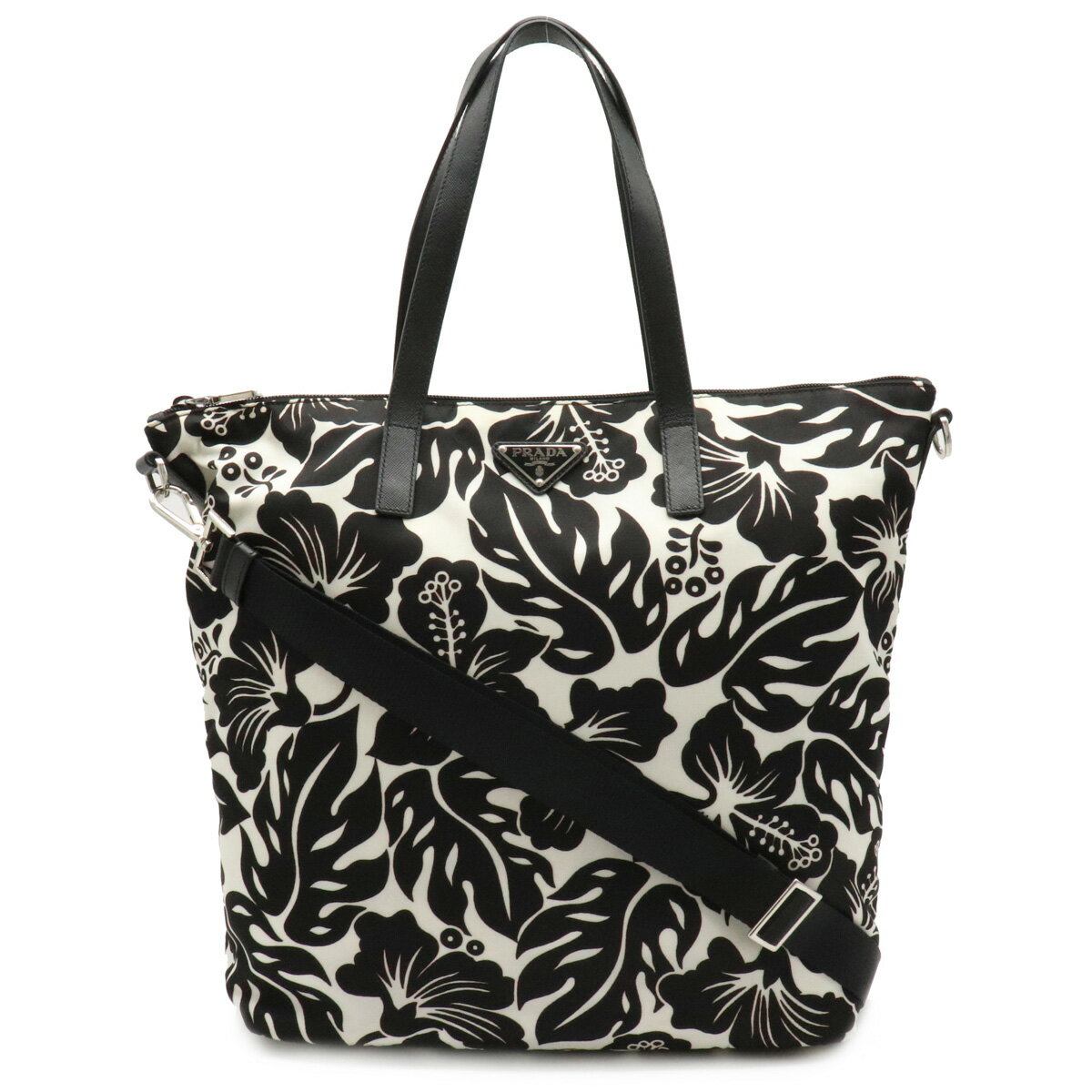 【バッグ】PRADA プラダ トートバッグ 2WAY ショルダーバッグ ハイビスカス フラワープリント 花柄 ナイロン レザー NERO 黒 ブラック ホワイト 【中古】