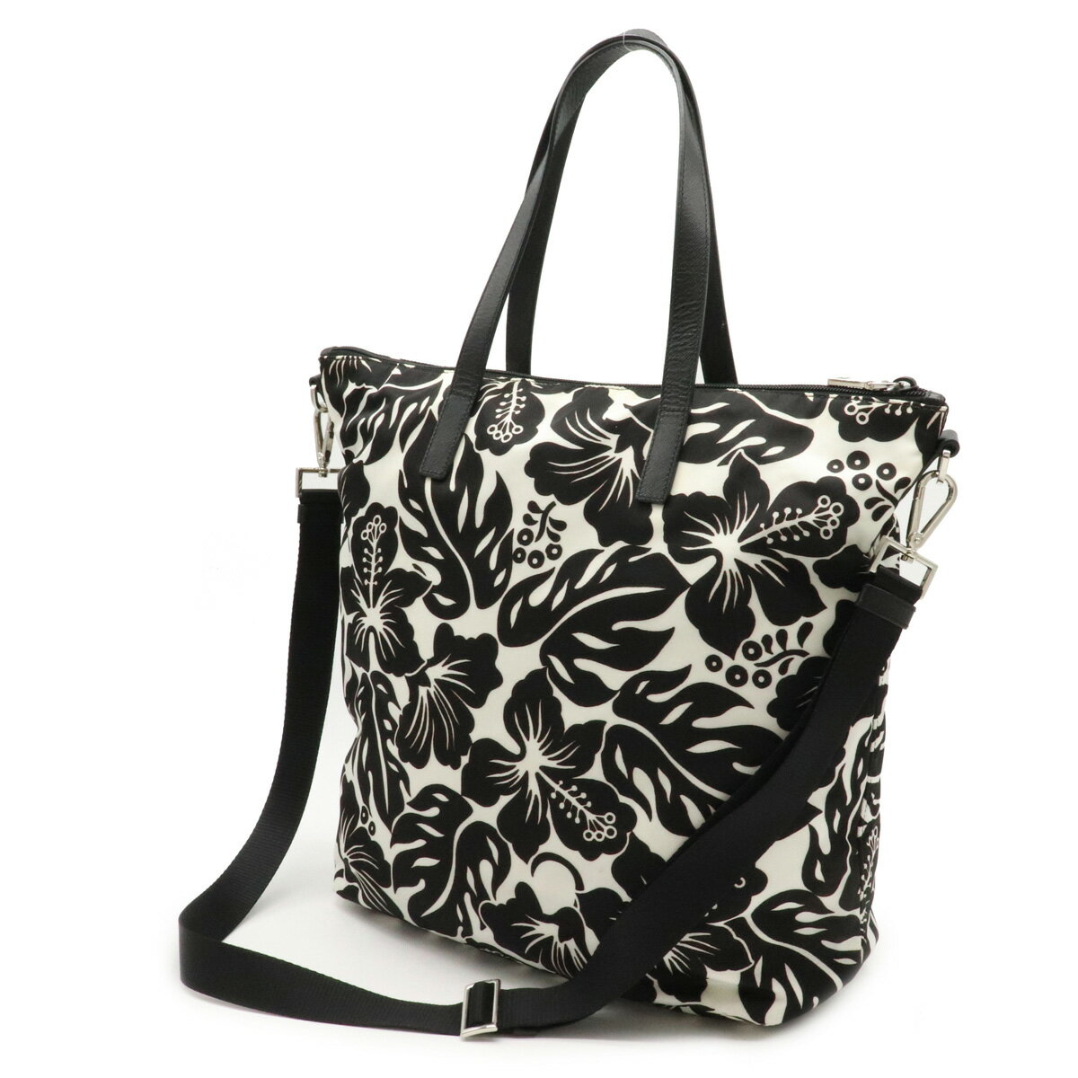 【バッグ】PRADA プラダ トートバッグ 2WAY ショルダーバッグ ハイビスカス フラワープリント 花柄 ナイロン レザー NERO 黒 ブラック ホワイト 【中古】