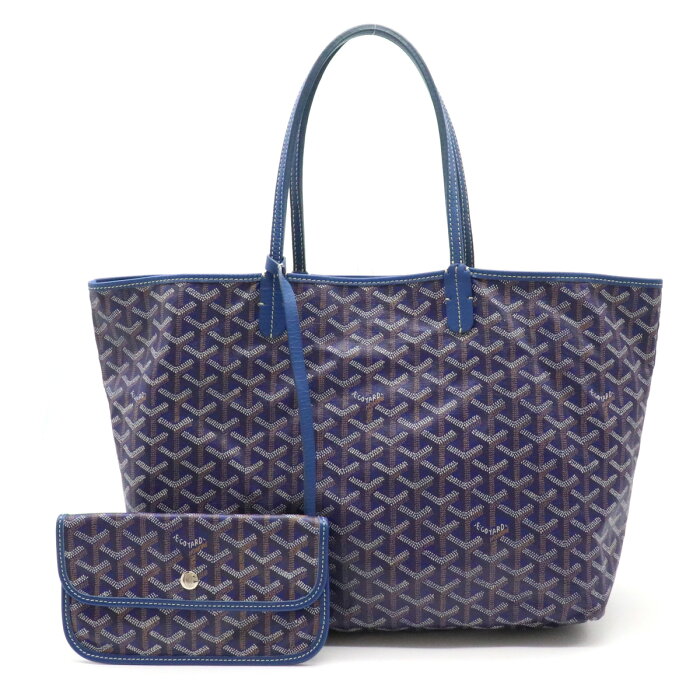 【バッグ】GOYARD ゴヤール サンルイPM トートバッグ ショルダーバッグ コーティングキャンバス レザー ブルー 青 ホワイト 白 ポーチ付き 【中古】