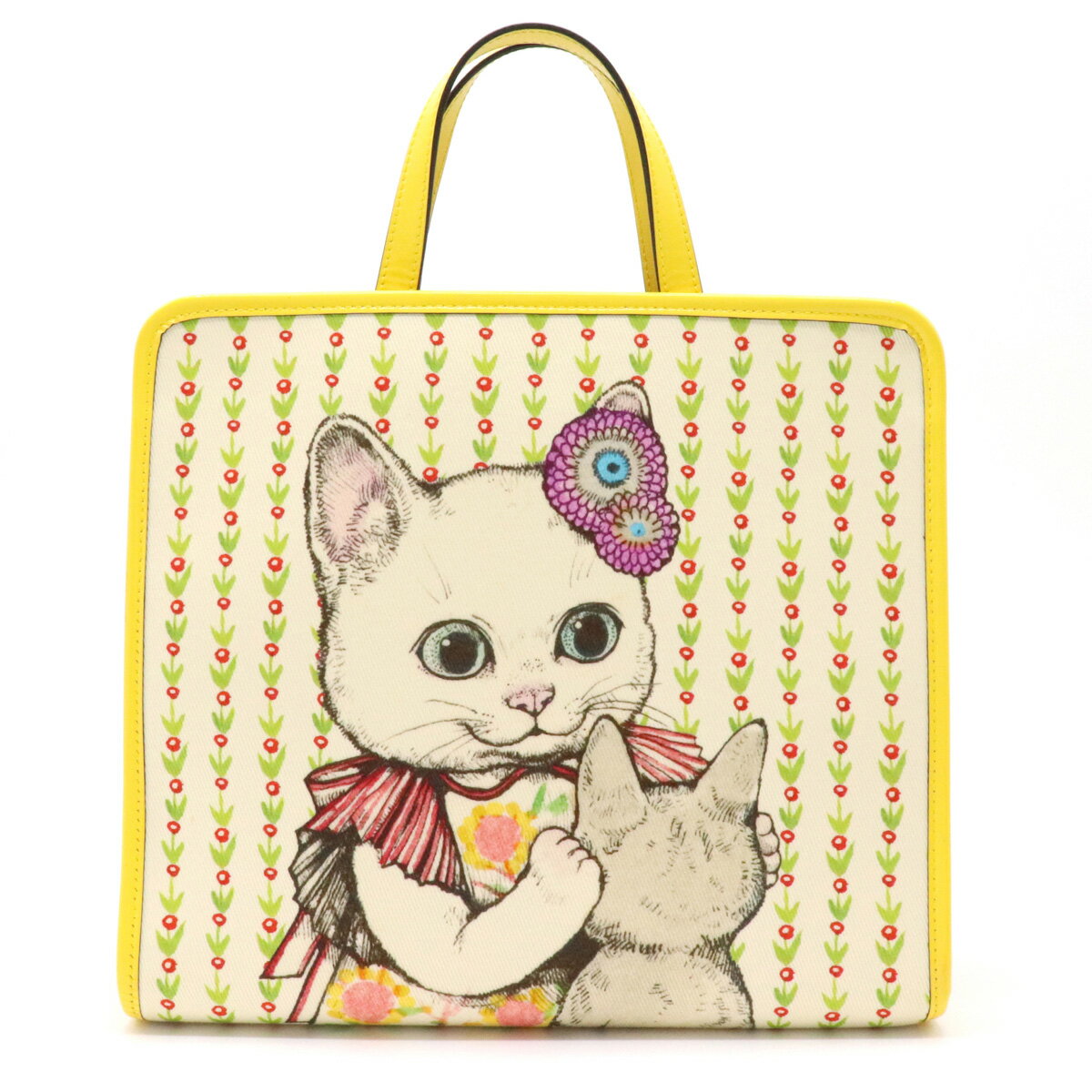 【バッグ】GUCCI グッチ チルドレンズ ヒグチユウコ 猫 キャット 日本限定 ハンドバッグ トート キャンバス エナメル ナチュラル イエロー 605614 【中古】のサムネイル