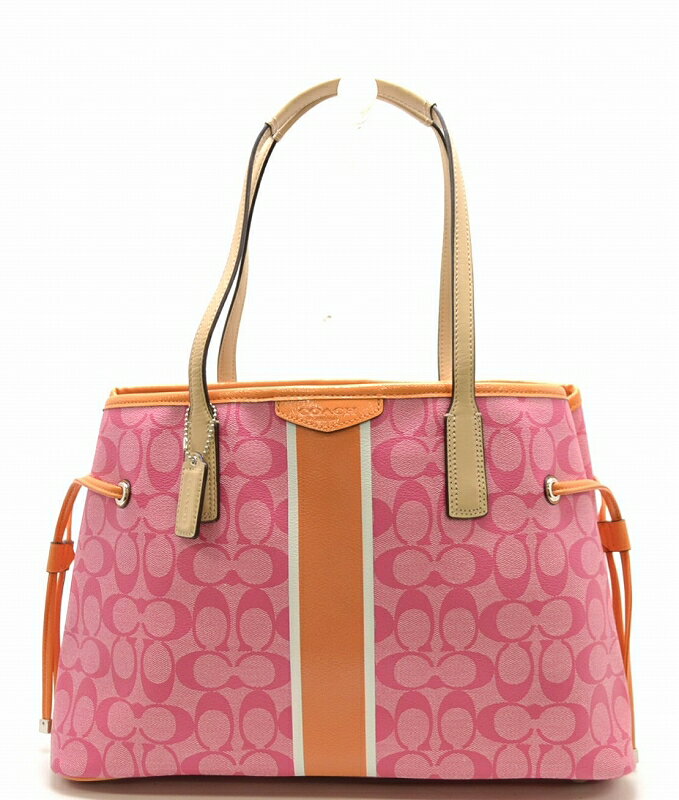 【新品未使用品】【バッグ】COACH コーチ シグネチャー ストライプ ドローストリング キャリーオール トートバッグ ショルダートート PVC ピンク オレンジ F29064【k】【Blumin/森田質店】【質屋出店】のサムネイル